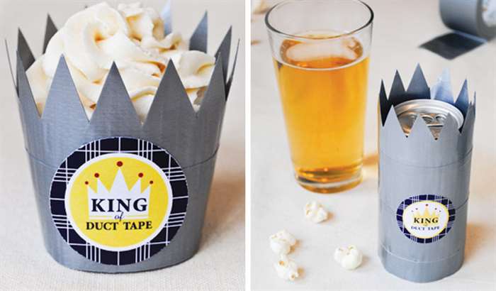 Duct tape crowns on beer can and cupcake