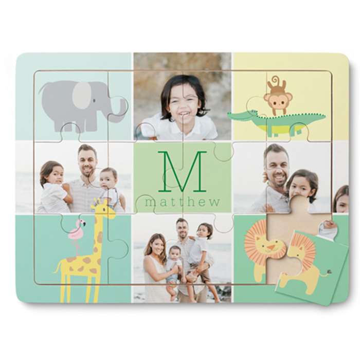 Trò chơi xếp hình bằng gỗ với 12 mảnh có chữ lồng ở giữa và hình ảnh gia đình cùng với các loài động vật trong vườn thú