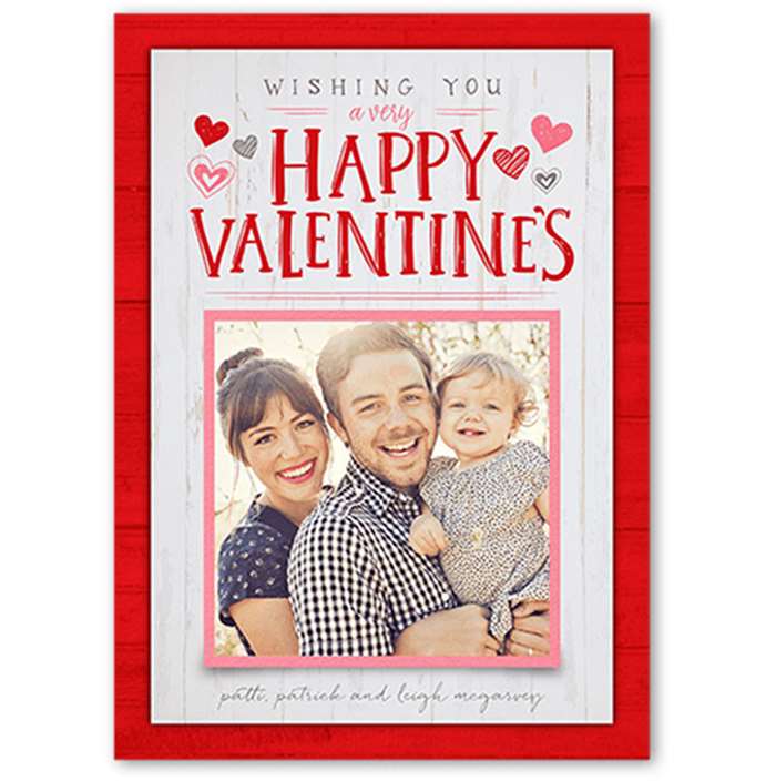 Wishing you a Happy Valentine's card with family photo and red detailing with hearts around text