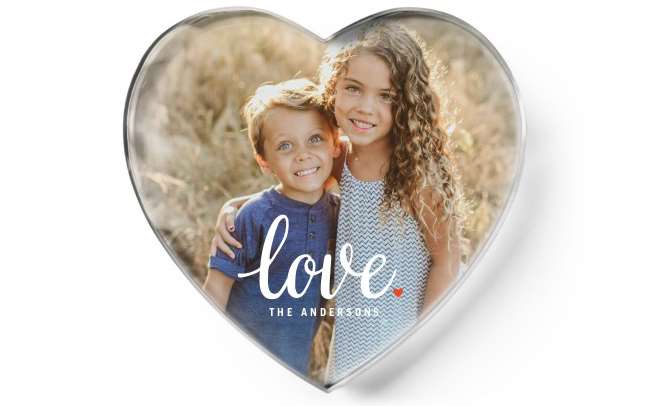 custom paperweights with image of sister and bother in a heart paperweight