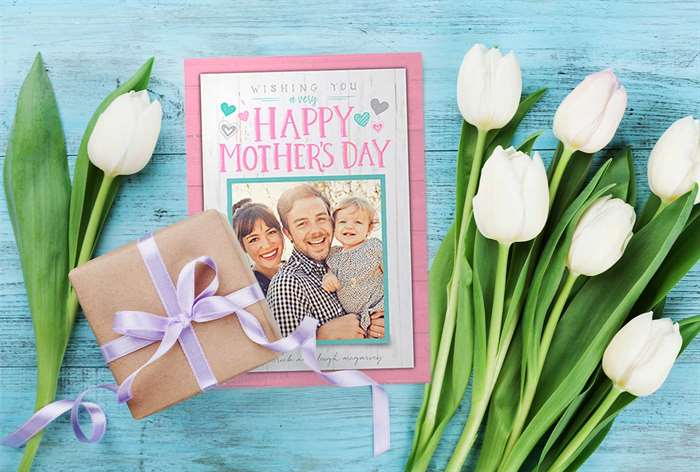 Mother's Day card, gift and flowers. 