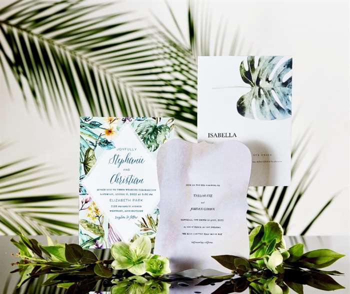 Tropical wedding invitation suite.