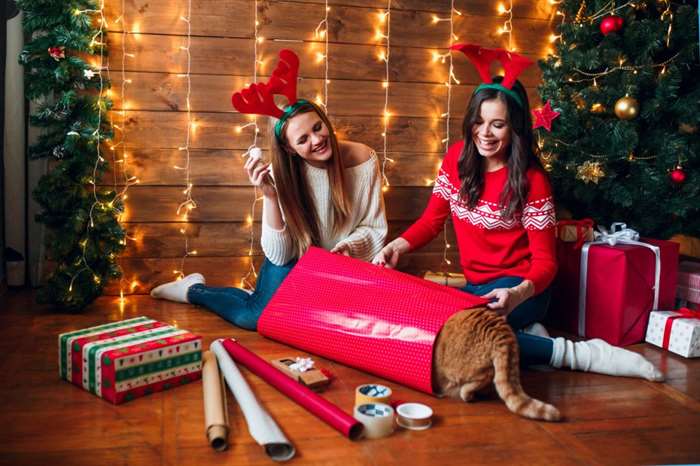Sisters and red cat wrapping and decorating gift near Christmas tree.