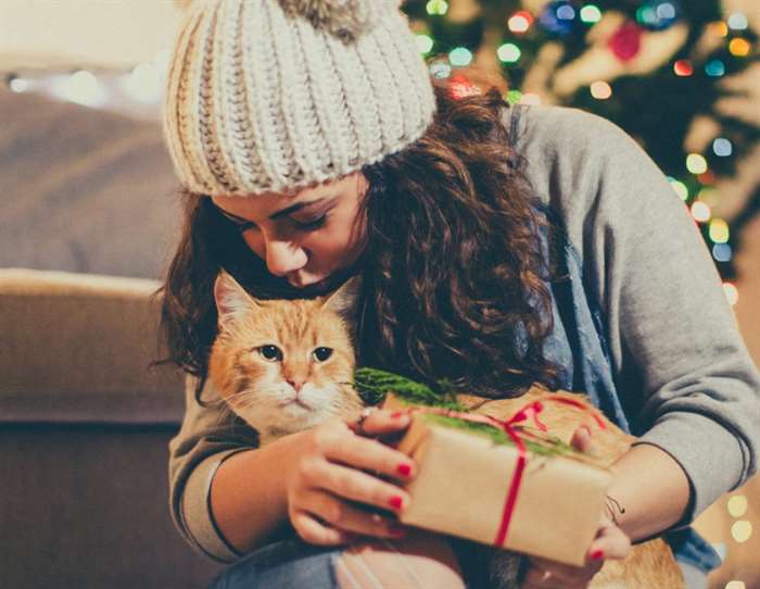 Preparing Christmas gifts with her cat.