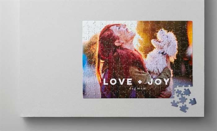 Câu đố ảnh tùy chỉnh về con chó với cô gái và con chó nhỏ màu trắng trong tay với nội dung nói rằng tình yêu và niềm vui