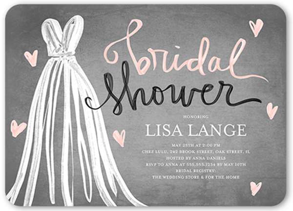 grey and pink bridal shower invitation with white wedding dress on it