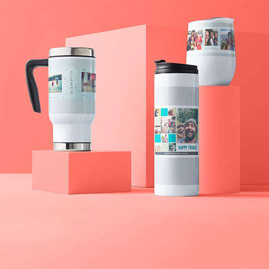 Photo coffee mugs for travel and home on pink background