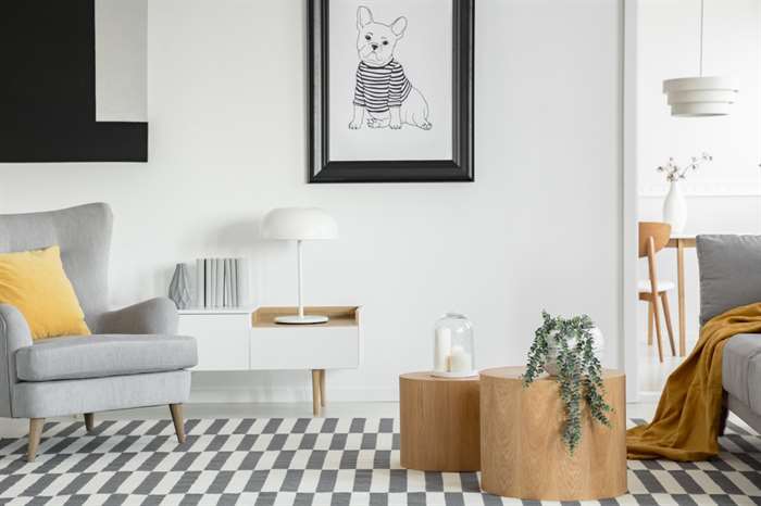 black and white poster of dog on the wall of fashionable living room wall art