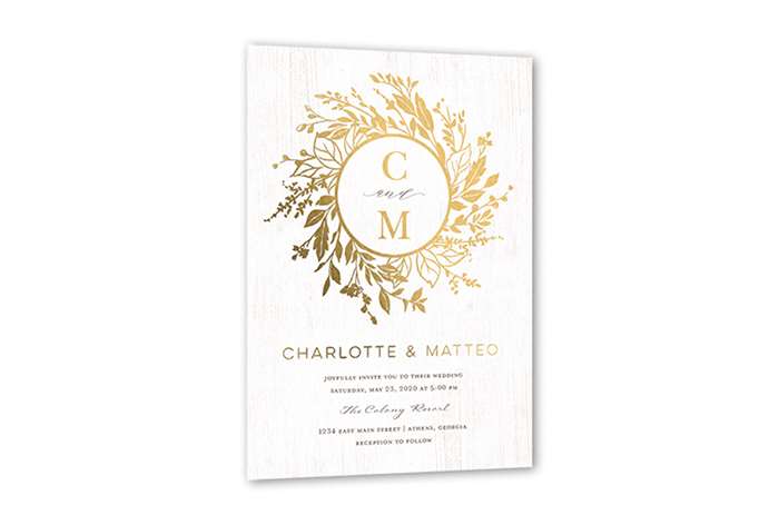 metallic wreath wedding invitation.