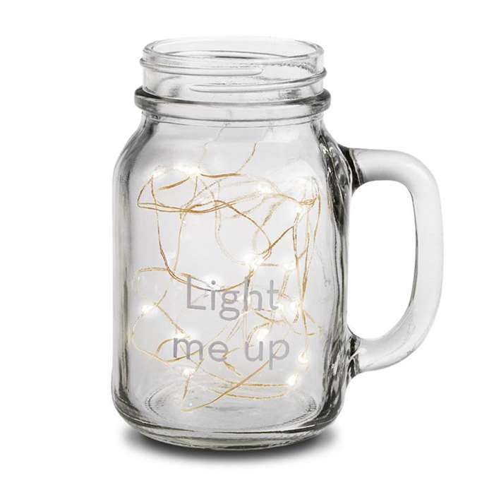 Custom mason jar mug with text that says light me up