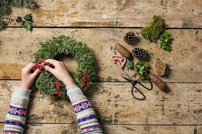 arrangement of a DIY Christmas wreath or garland 