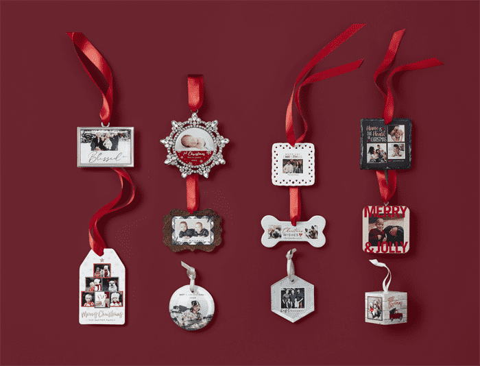 Group of personalized Christmas ornaments with different styles