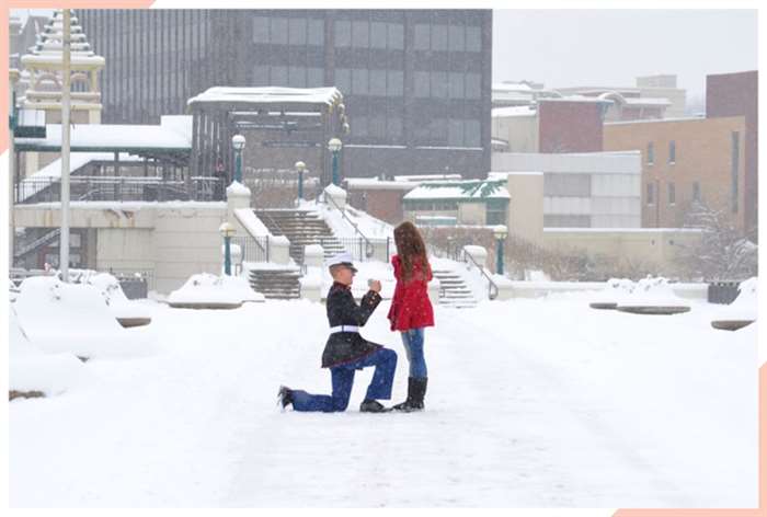 naval officer proposing in the snow christmas engagement photo