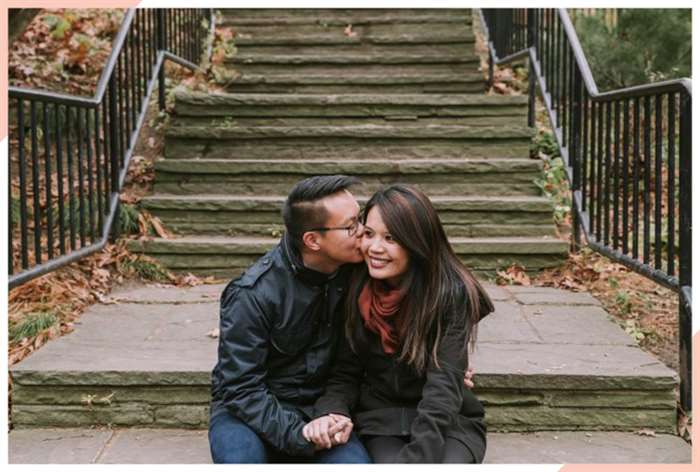 kiss on the steps christmas engagement photo