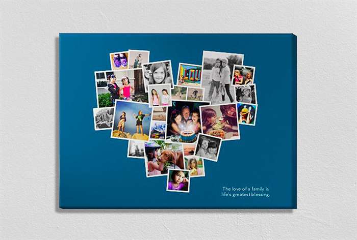 Heart shaped photo collage on a blue canvas