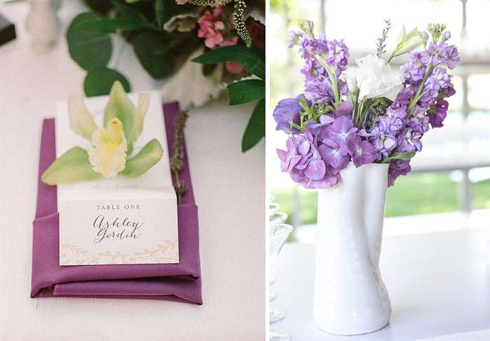 Purple table napkins and matching centerpiece.