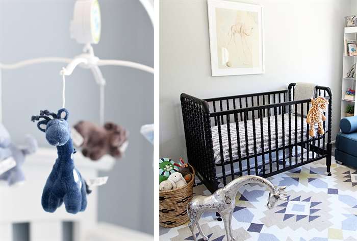 Stuffed animals and decor in baby nursery.