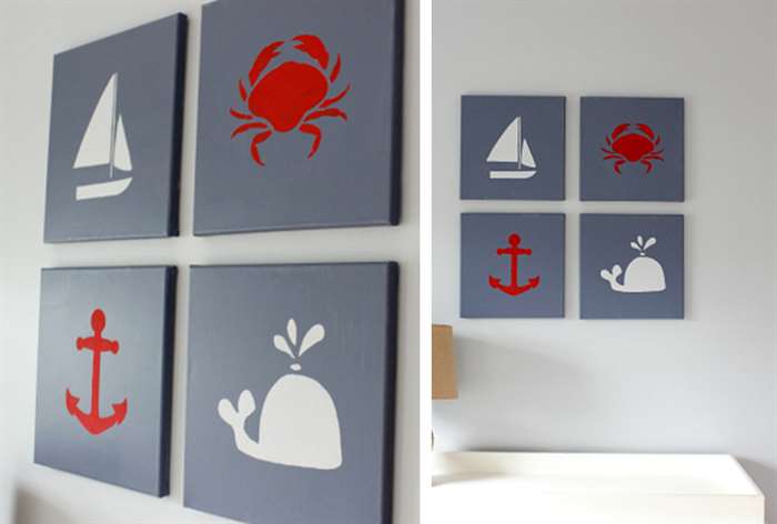 Nautical wall canvases in baby nursery.