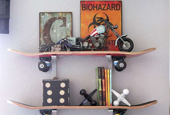 Skateboard repurposed shelving.