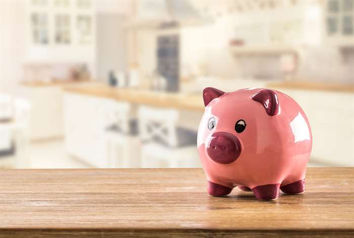 Piggy bank on table.