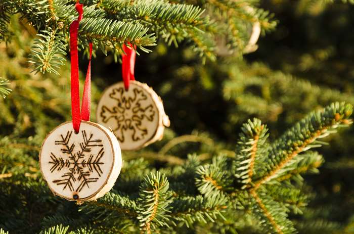 Christmas tree with homemade ornaments.