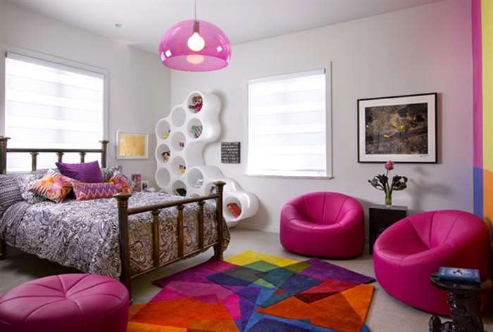 Colorful bold girls bedroom decor.