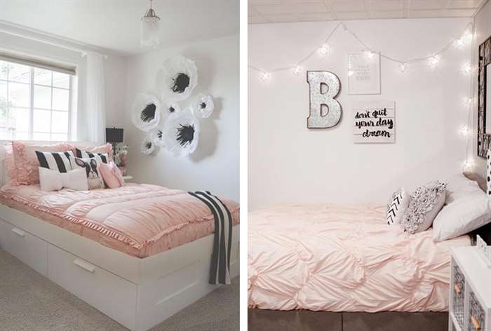 Pink and white bedroom storage.