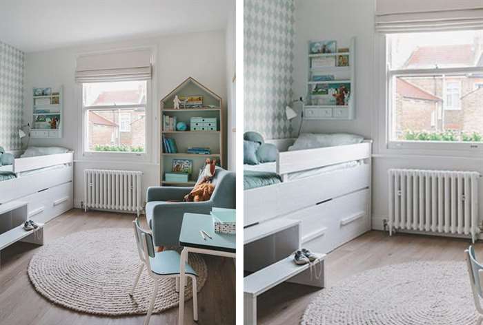 White and blue bedroom. 