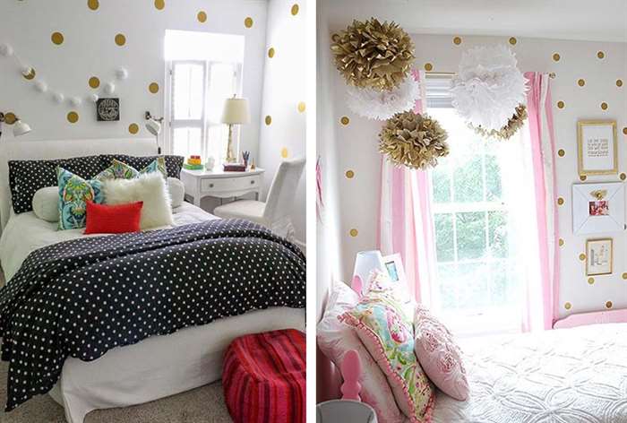 Gold polka dots on girls bedroom wall.