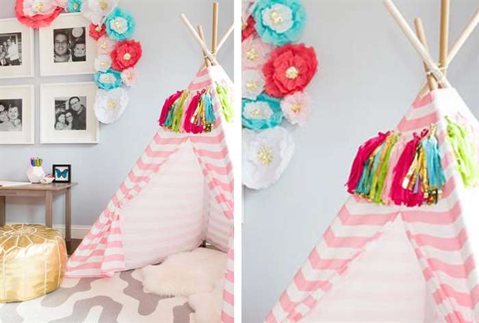 DIY colorful teepee in girls bedroom.