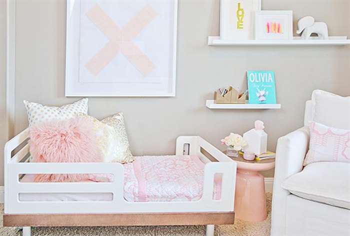 Pink and white girls room decor.