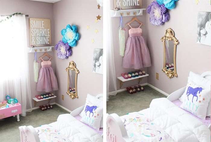 Little girls room decor with dresses.