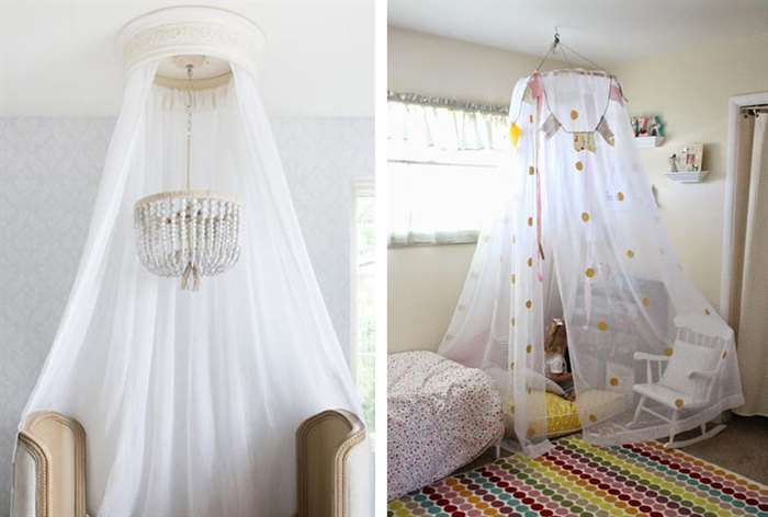 Sheer bed canopies in girls bedroom.