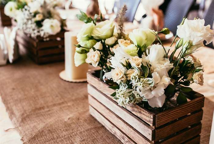 Wooden crate with flowers.