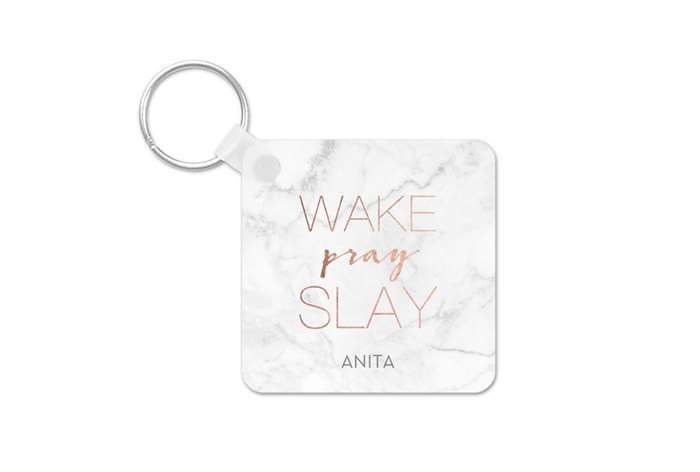 Wake pray slay marble keychain.