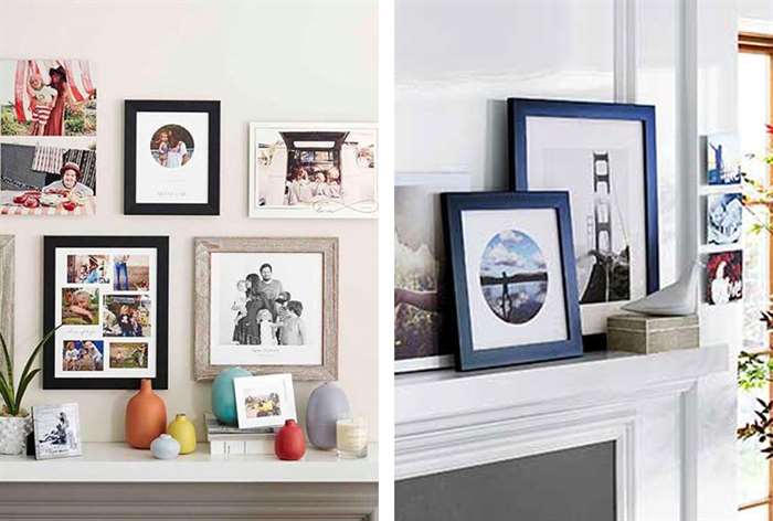 mantel with photos and decor.