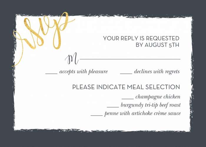 Contemporary wedding RSVP card.A wedding response card should be completed and mailed out ASAP to meet the deadline for the RSVP.