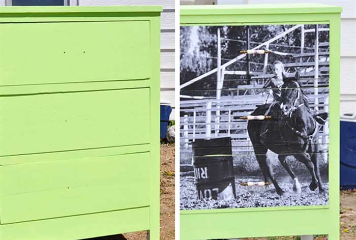 lime green dresser with photo transfer of a girl riding a horse