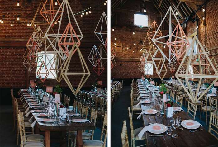 barn wedding ideas geometric ornaments hanging