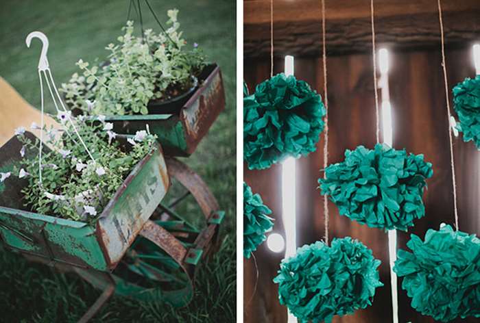 barn wedding ideas green ornaments hanging