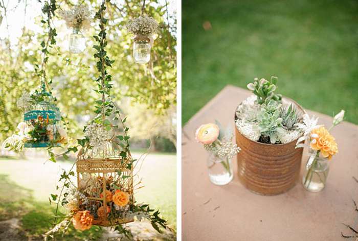 barn wedding ideas hanging cage flowers