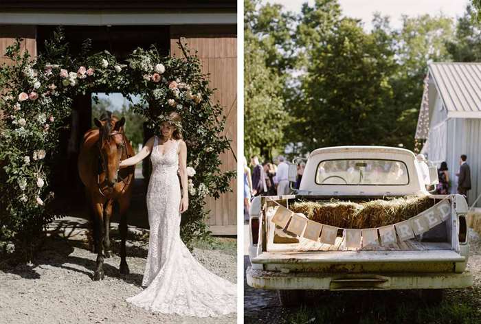 barn wedding ideas bride horse pickup