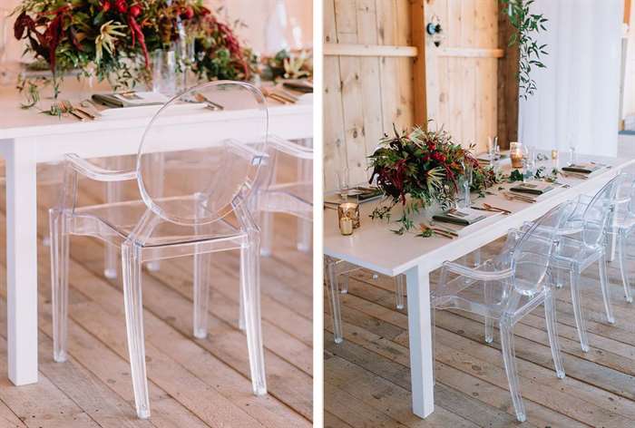 barn wedding ideas transparent chairs