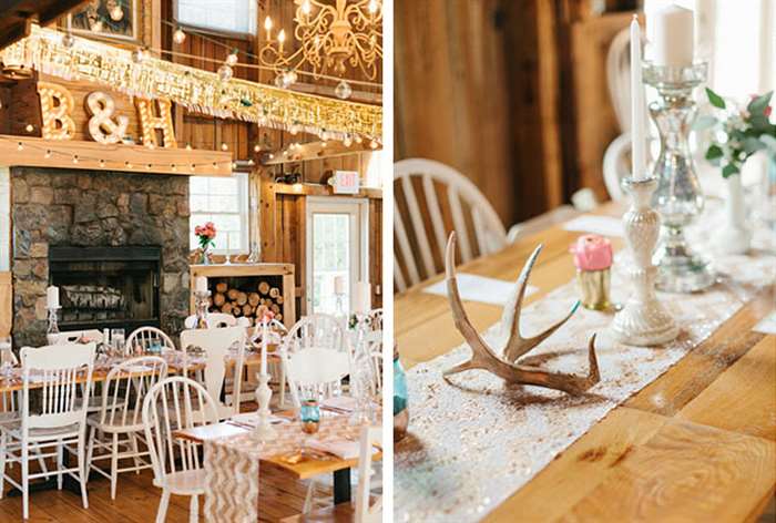 barn wedding ideas deer antlers tablecloth