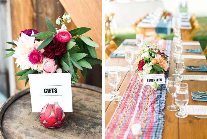 barn wedding ideas table flowers cards