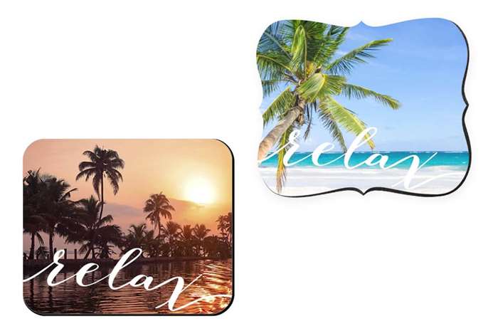 two mouse pads with palm tree scenes on them with the word relax