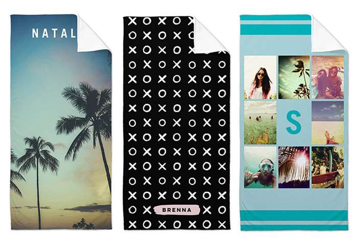 three beach towels with personalized names and photos on various designs