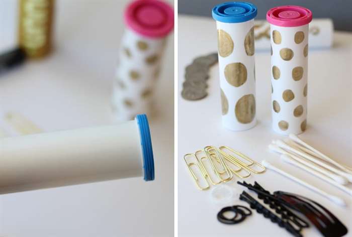 white tubes with pink and blue caps and gold polka dots