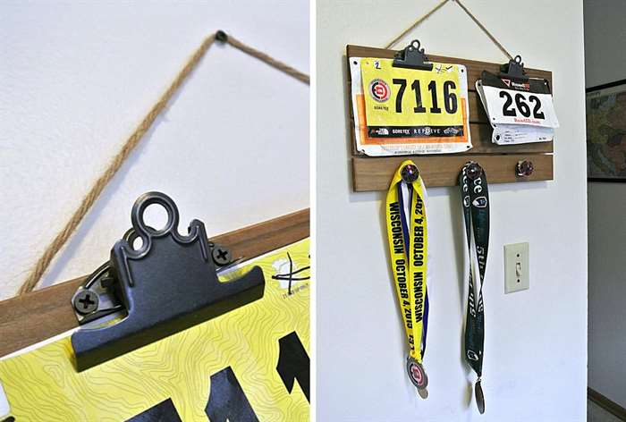 hanging wooden clipboard with race bibs