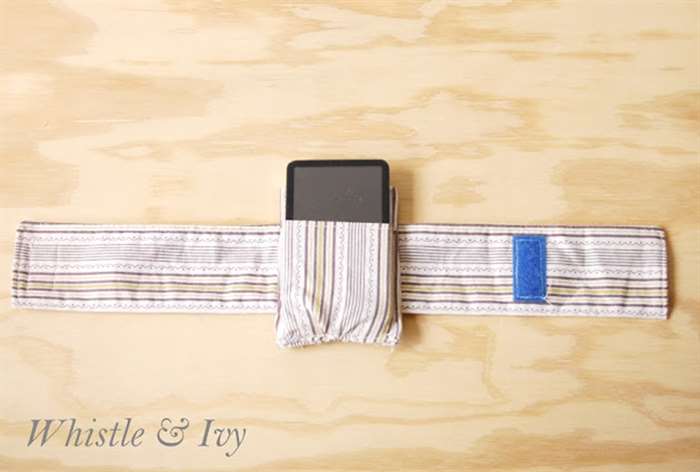 tan striped fabric armband with ipod